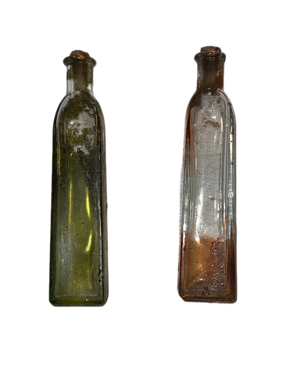 Log of 2 Antique 19th Century Glass Apothecary Embossed Medicine Vials w/ Corks